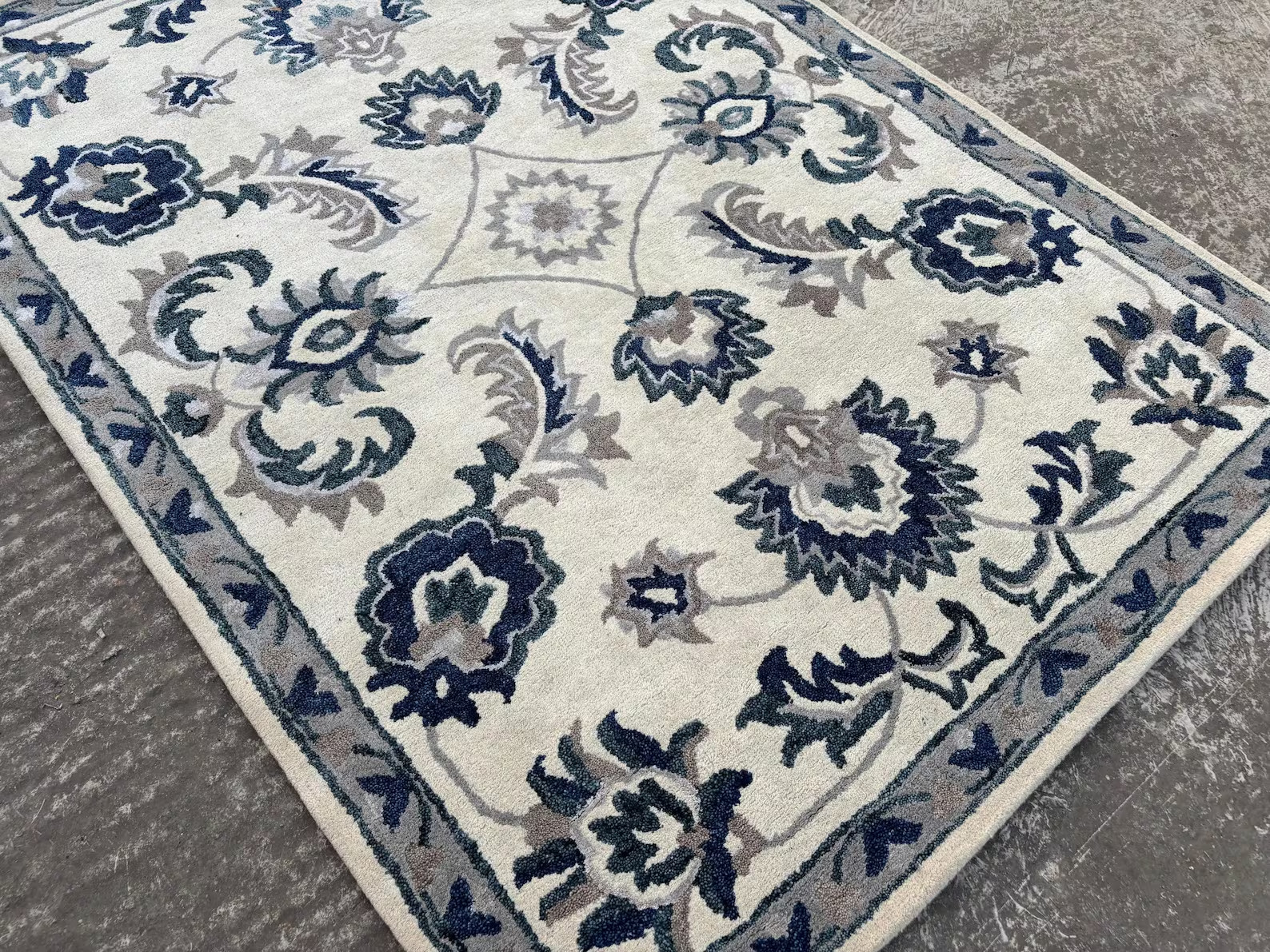 Modern Hand Tufted Wool Rug: Floral Blue, Grey, Ivory gallery