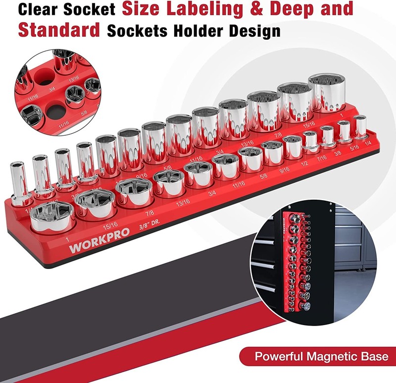 WORKPRO Magnetic Socket Organizer Storage Holder Tray 1/4"/3/8"/1/2" SAE/Metric gallery