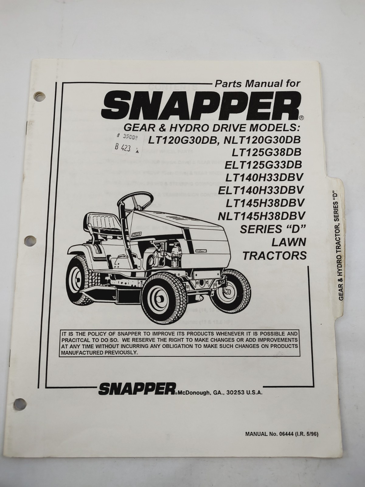 Snapper Parts Manual Gear & Hydro Drive LT120G30DB Lawn Tractors Series D gallery
