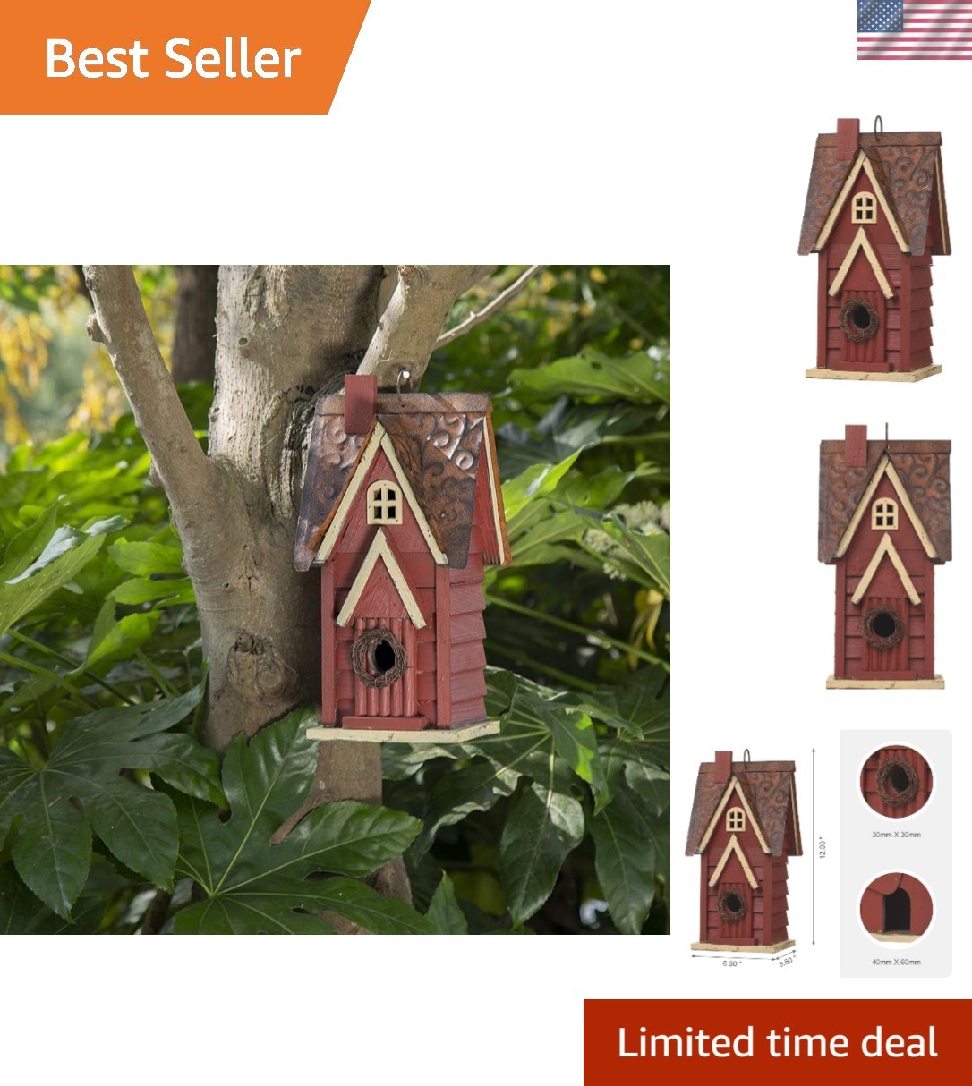 Distressed Red Wooden Bird House - Easy to Hang & Clean for Garden Decor gallery