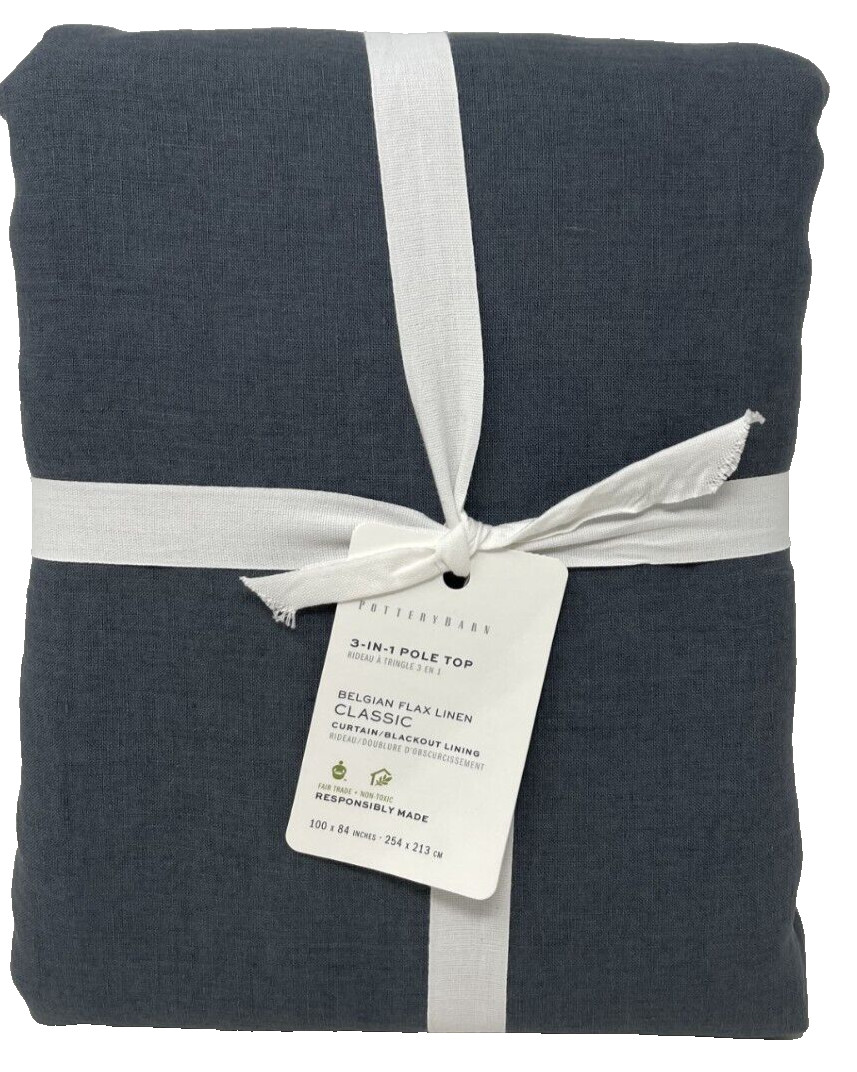 Pottery Barn Belgian Flax Linen Doublewide Blackout Drape 100" x 84" Steel Blue gallery