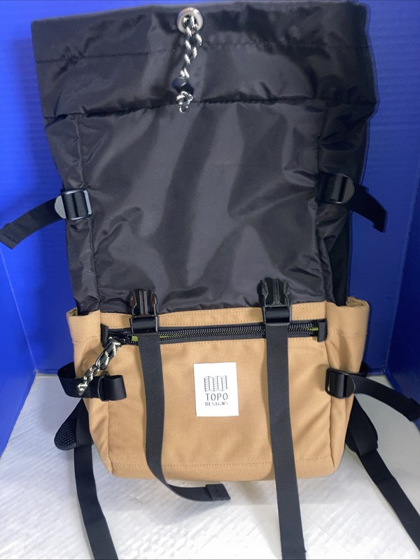 Topo Designs Hiking Backpack Black Brown Canvas Padded Straps External Pockets 2