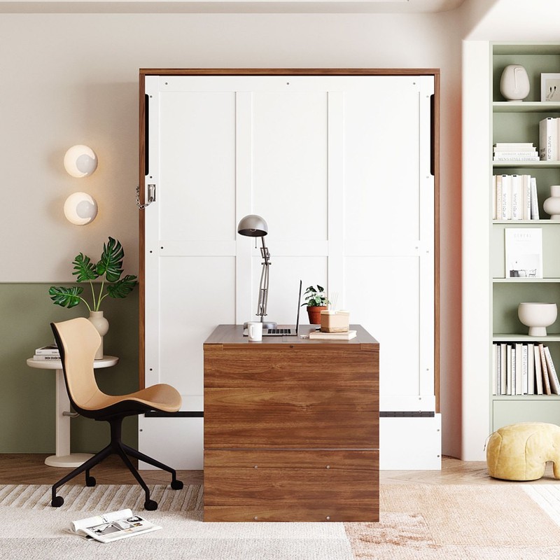 Full Size Murphy Bed with Foldable Desk – Space Saving Wall Bed - Walnut & White gallery