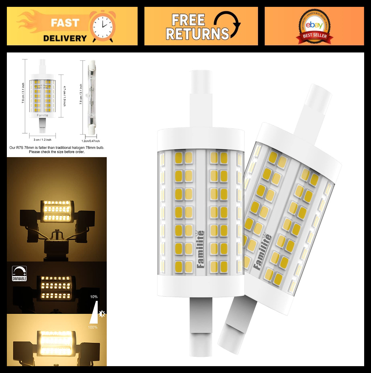 15W Dimmable R7S LED Bulb 78MM, 150W Halogen T3 Replacement, Warm White 3000K, 2 gallery