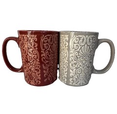 Gallery Tabletops Evanston Ceramic Mug Set of 2 12oz Red Gray Damask Safe