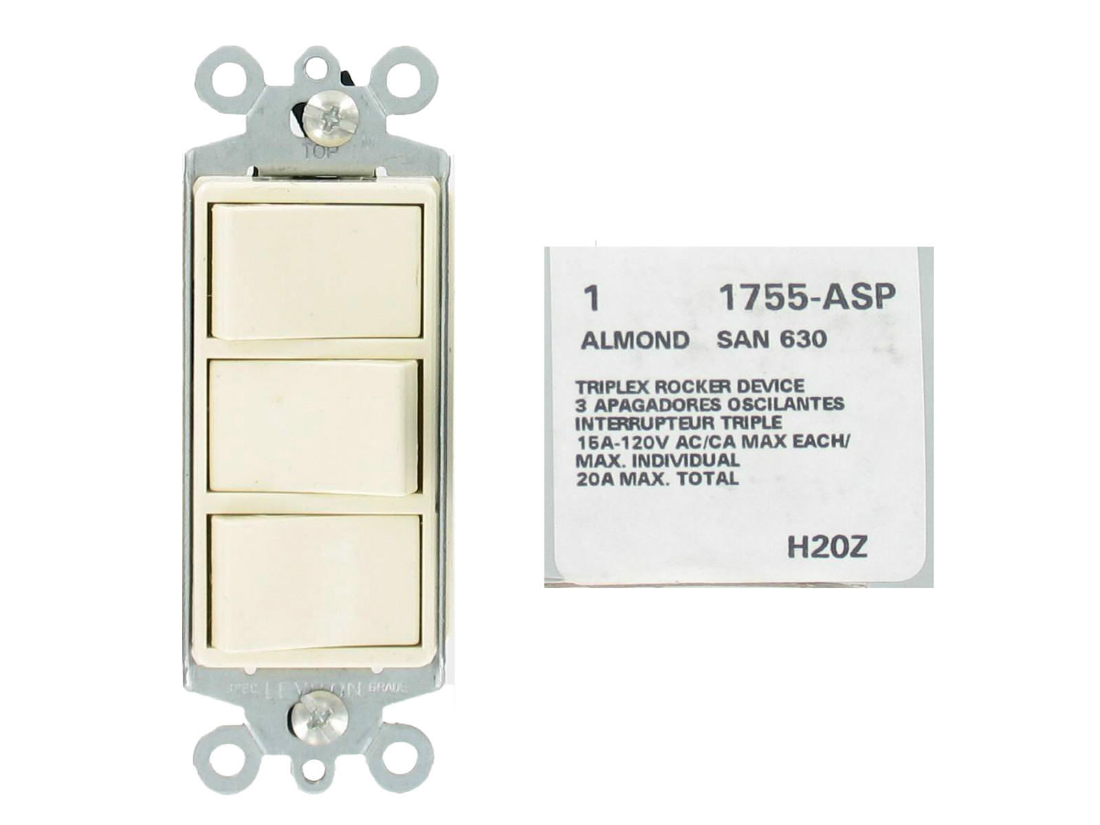 Leviton 1755-A ALMOND Decora Triple Rocker Light Switch 15A 120V Single Pole UL gallery