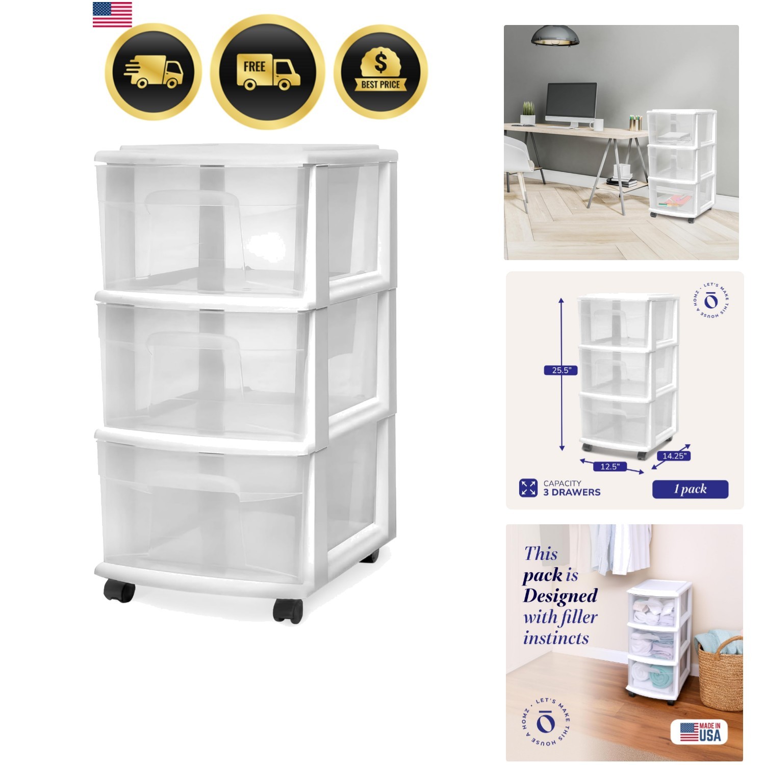 Drawer Tower, 3-Tier Rolling Storage Cart with Removable Wheels, White Frame ... gallery