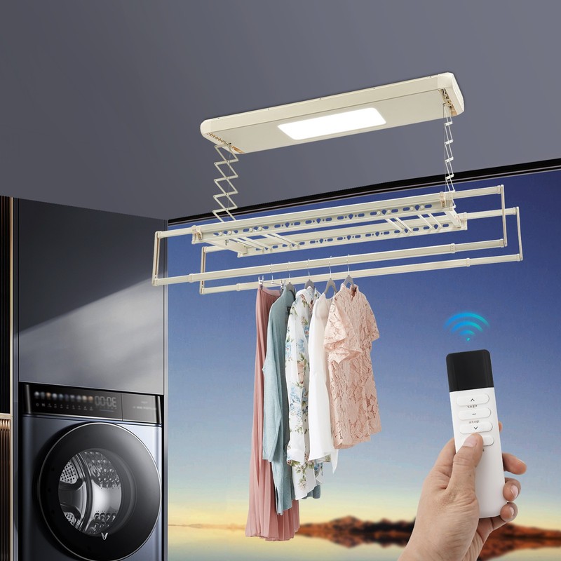 Ceiling-mounted Clothesline, Resealable Vertical Drying Rack W/ Light 8 Rods gallery