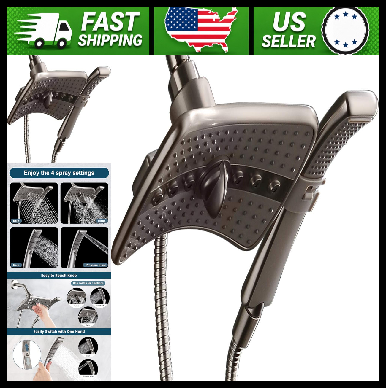Bright Showers High Pressure Shower Head Combo Brushed Nickel gallery