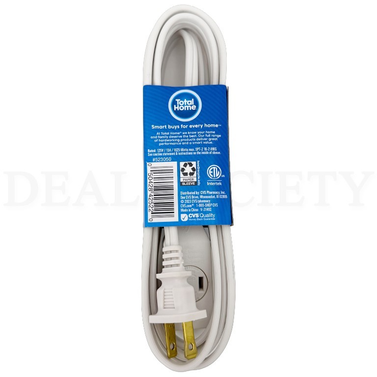 Total Home 3-Outlet Indoor Extension Cord 9 Ft White Lot of 6 gallery
