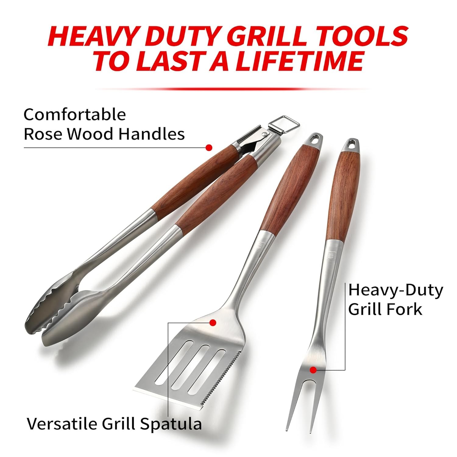 BBQ Grilling Tools Set Stainless Steel Heavy Duty Rose Wood Handle gallery