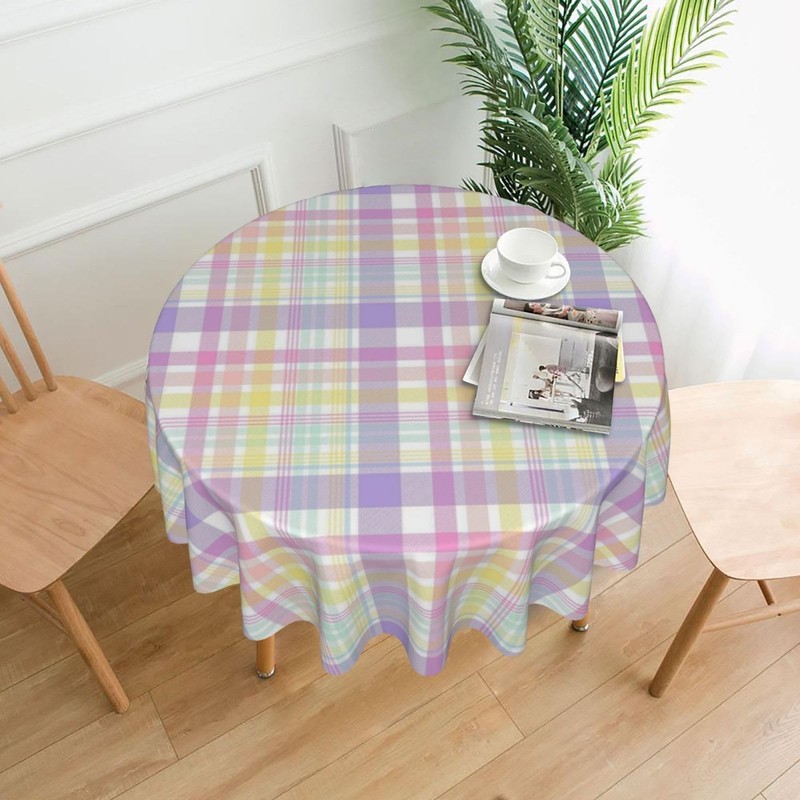 Jeferso Easter Plaid Round Tablecloth 70 Inch Colorful Pink Yellow Purple gallery