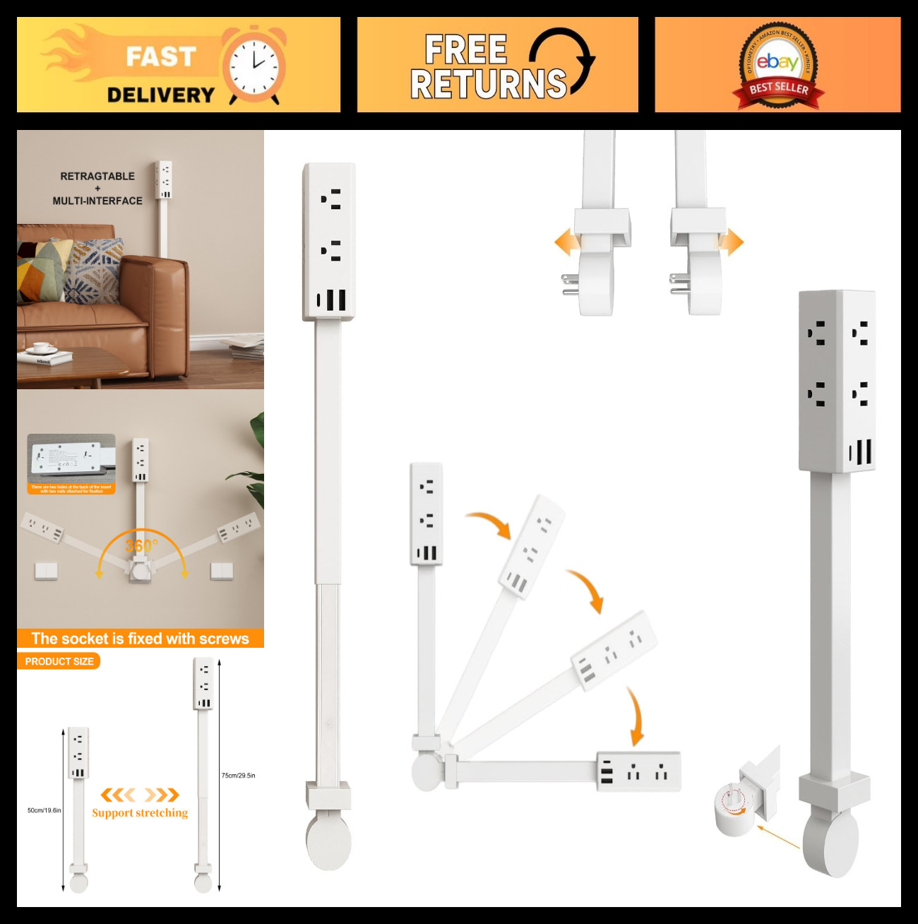 Telescoping Outlet Extender 360° Rotating Socket Expander 6 Outlets 3 USB Ports gallery