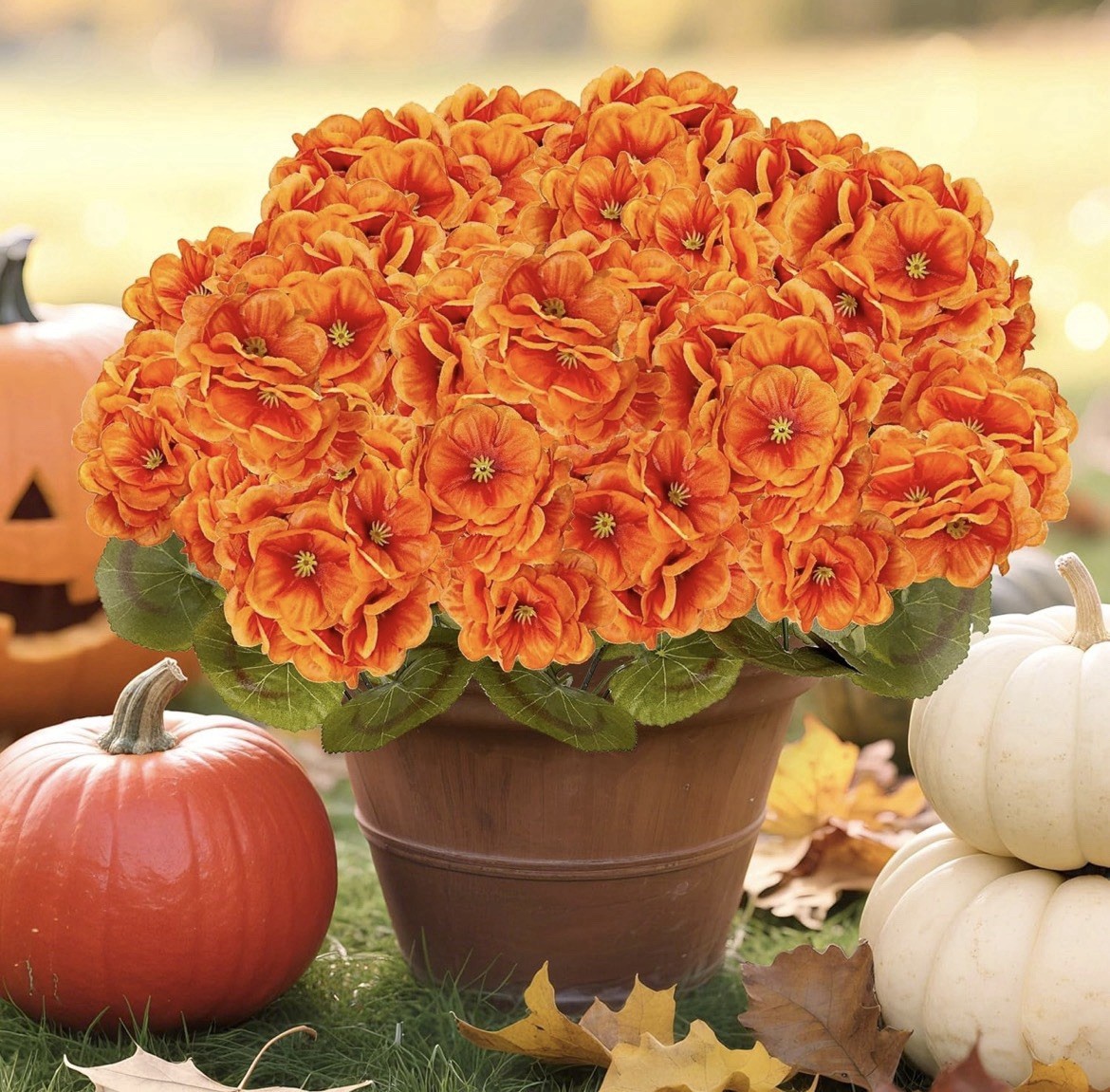 Artificial Fall Flowers Faux Geraniums Orange UV Resistant Outdoor (8 Bundles) gallery