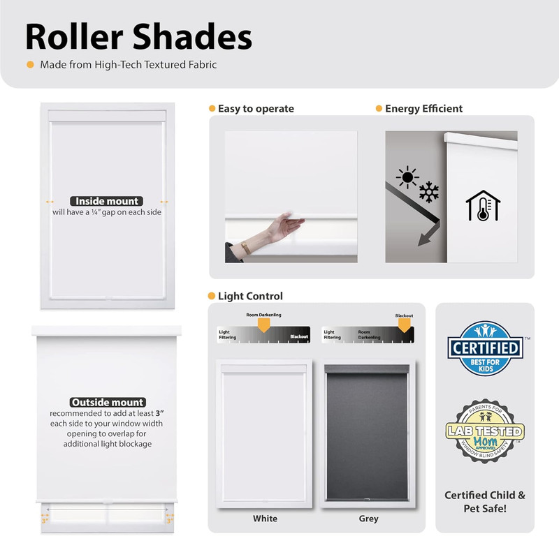 Cordless Gray Blackout Roller Shade, 35" W x 72" H, Energy Efficient gallery