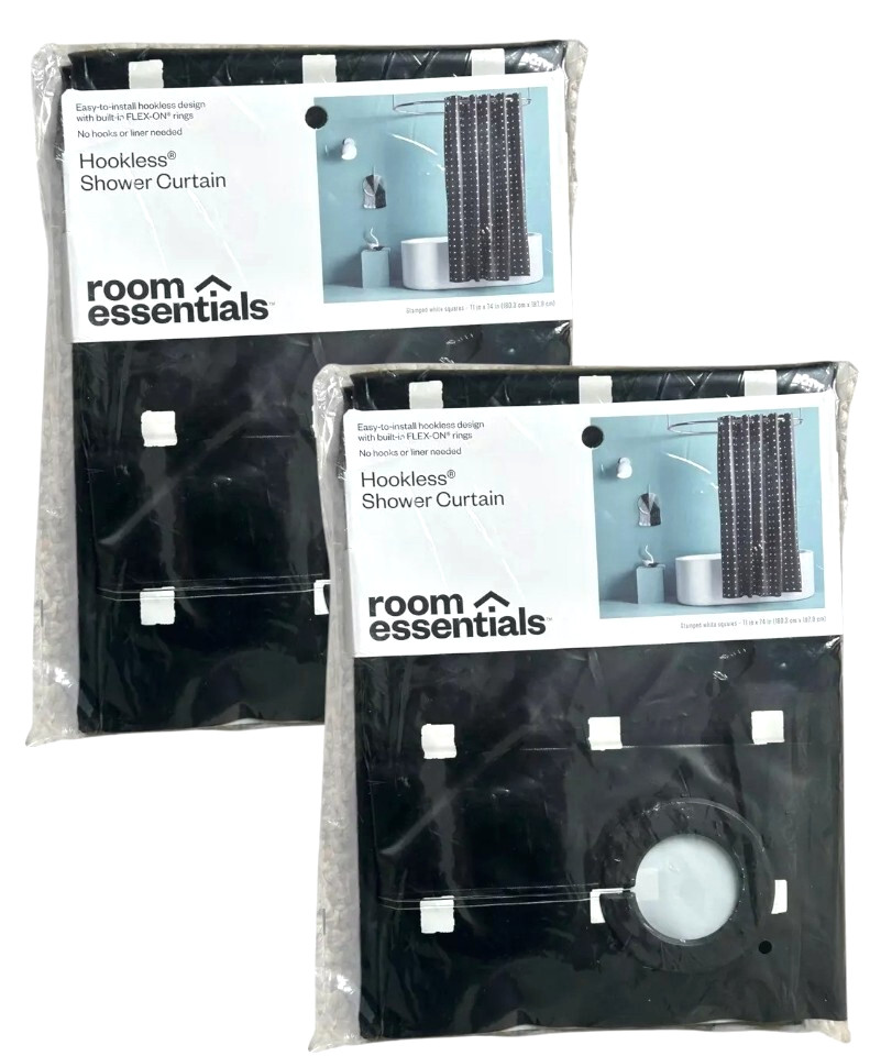 Two Hookless Shower Curtains, Stamped Squares Easy Install 71" x 74" White/Black gallery