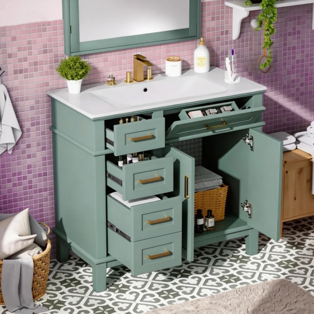 Solid Wood Frame 36 inches Bathroom Vanity Combo Bathroom Vanity Set in Green