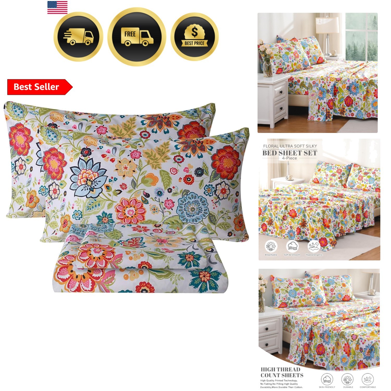Queen Sheet Set Ultra Soft Breathable Silky Flower Bed Sheets Deep Pocket 100... gallery