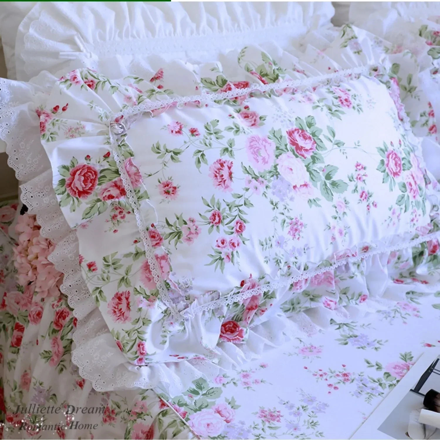 1 Pc Rose Print Pillow Case, Large Ruffle Cover, Floral Lace Pillowcases, Bed Pi gallery