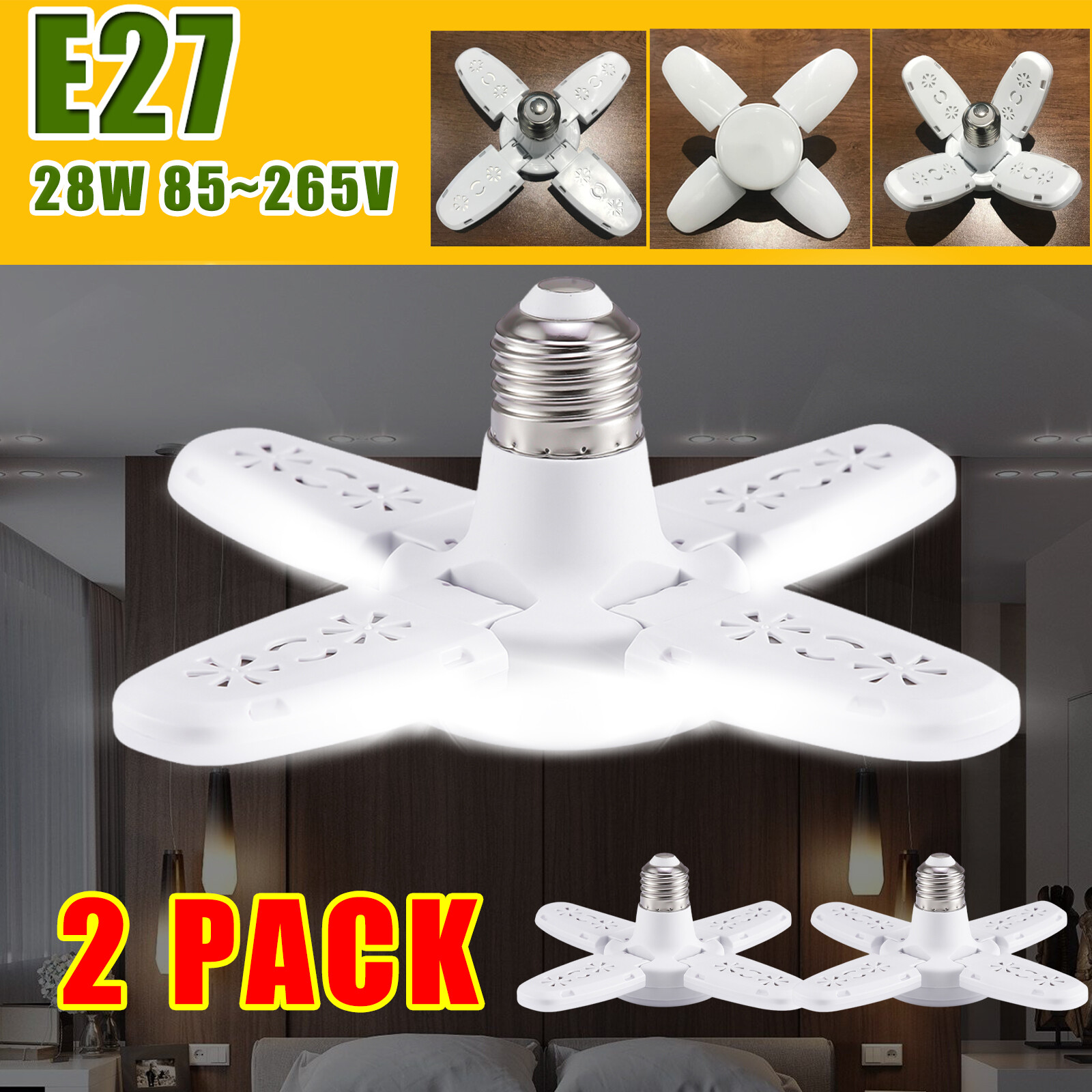 2 Packs LED Garage Light Plug in 28W Ceiling Led Shop Lights Deformable Panels gallery