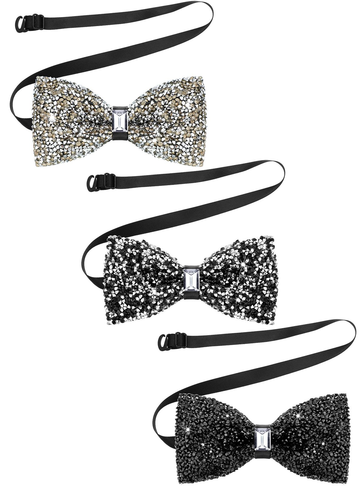 3 Pieces Rhinestone Bow Ties for Men Pre-tied Bow Black Black Silver Silver gallery