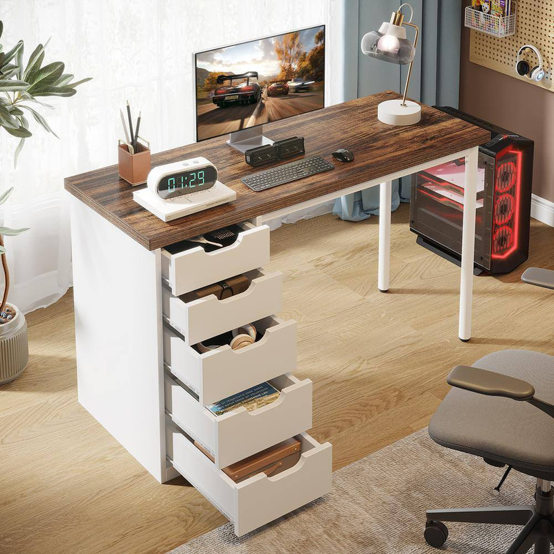 Havrvin 47 In. Rectangular Gray and Black 5-Drawer Computer Desk for Home Office gallery