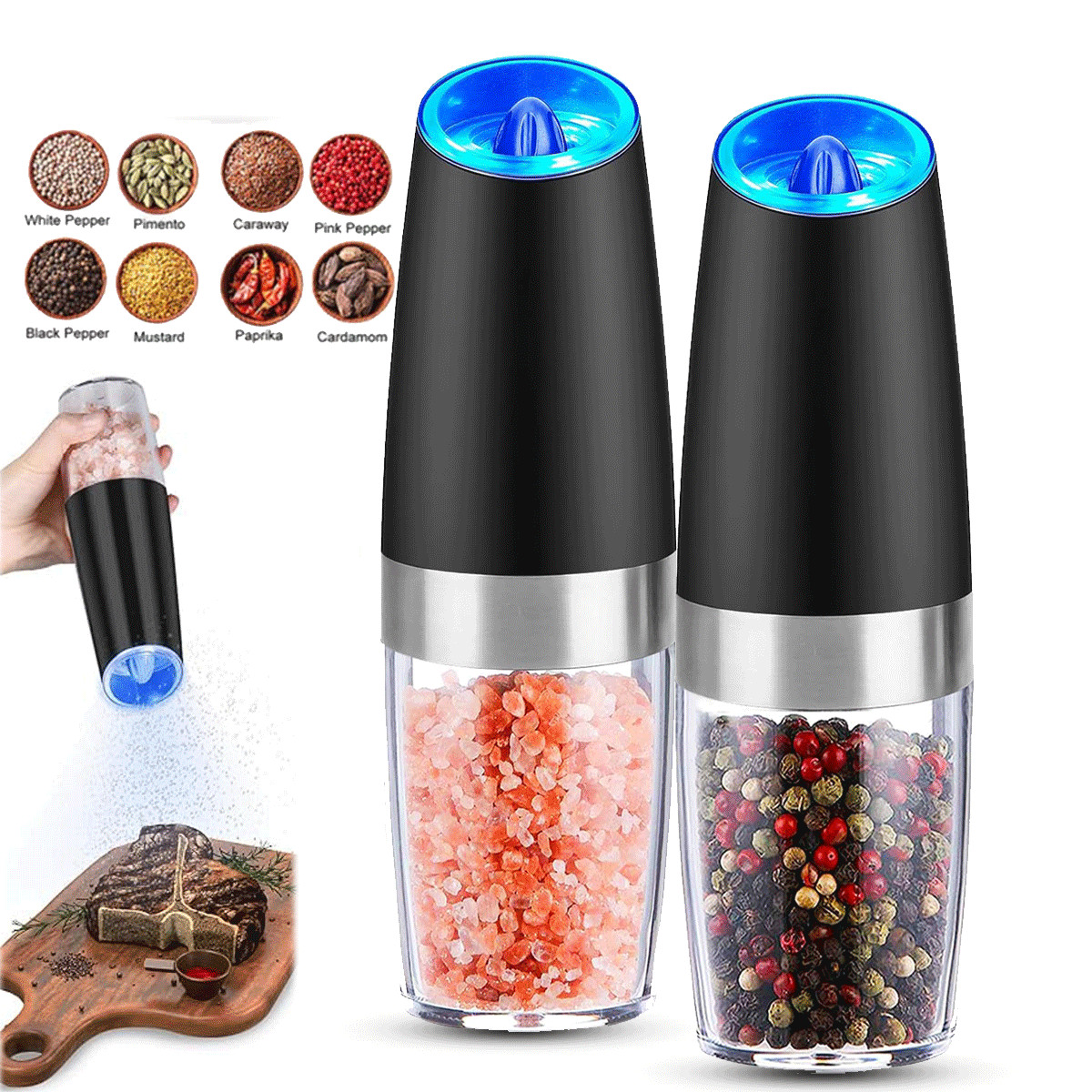 2 Pack Gravity Electric Salt and Pepper Grinder Mill Shaker Adjustable Automatic gallery