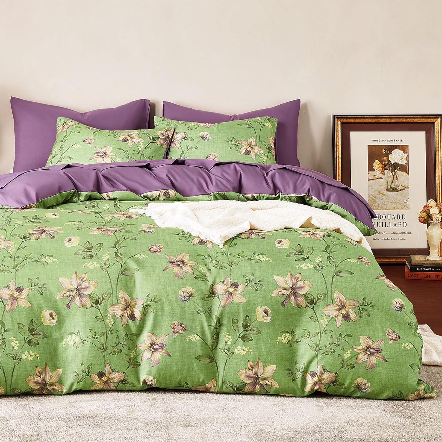 Clematis Flower Patterned/Cottagecore Cottage/Botanical Comforter Sets - GG Home gallery