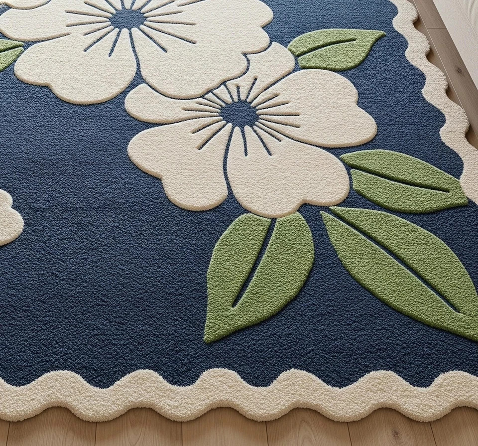 Blue White Green Hand Tufted Wool Rug, Modern Floral Scalloped Area Living Room gallery