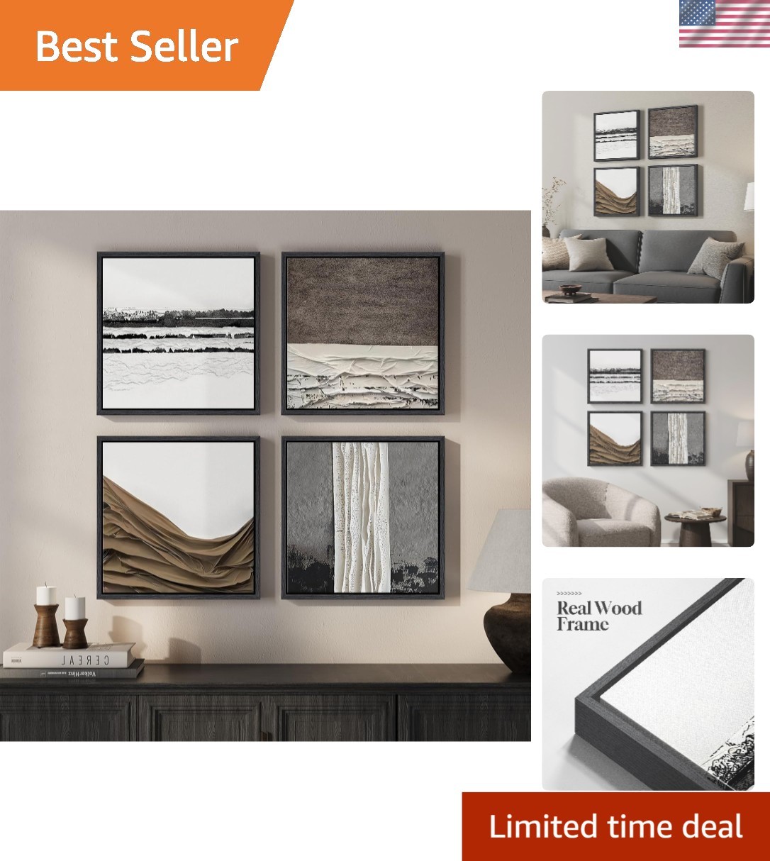 Framed Abstract Neutral Wall Art Set of 4, Modern Brown White Gray Canvas Pri... gallery
