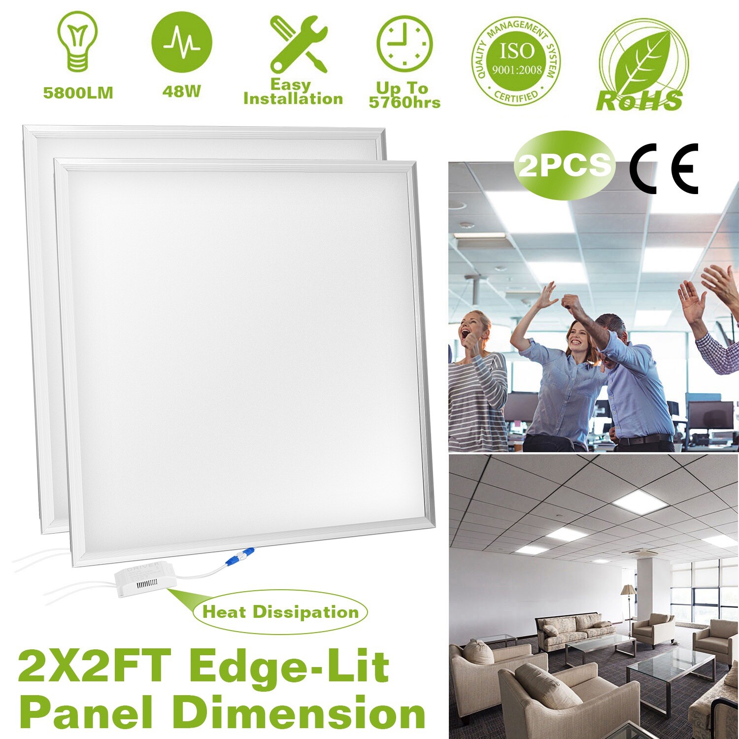 2 Pack 2x2 LED Flat Panel Light 48W Drop Ceiling Light Indoor Commercial Fixture gallery