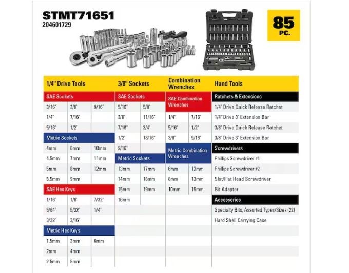 SAE Metric 85-Piece Mechanics Tool Set Ratchet Socket Set 1/4 in 3/8 in gallery