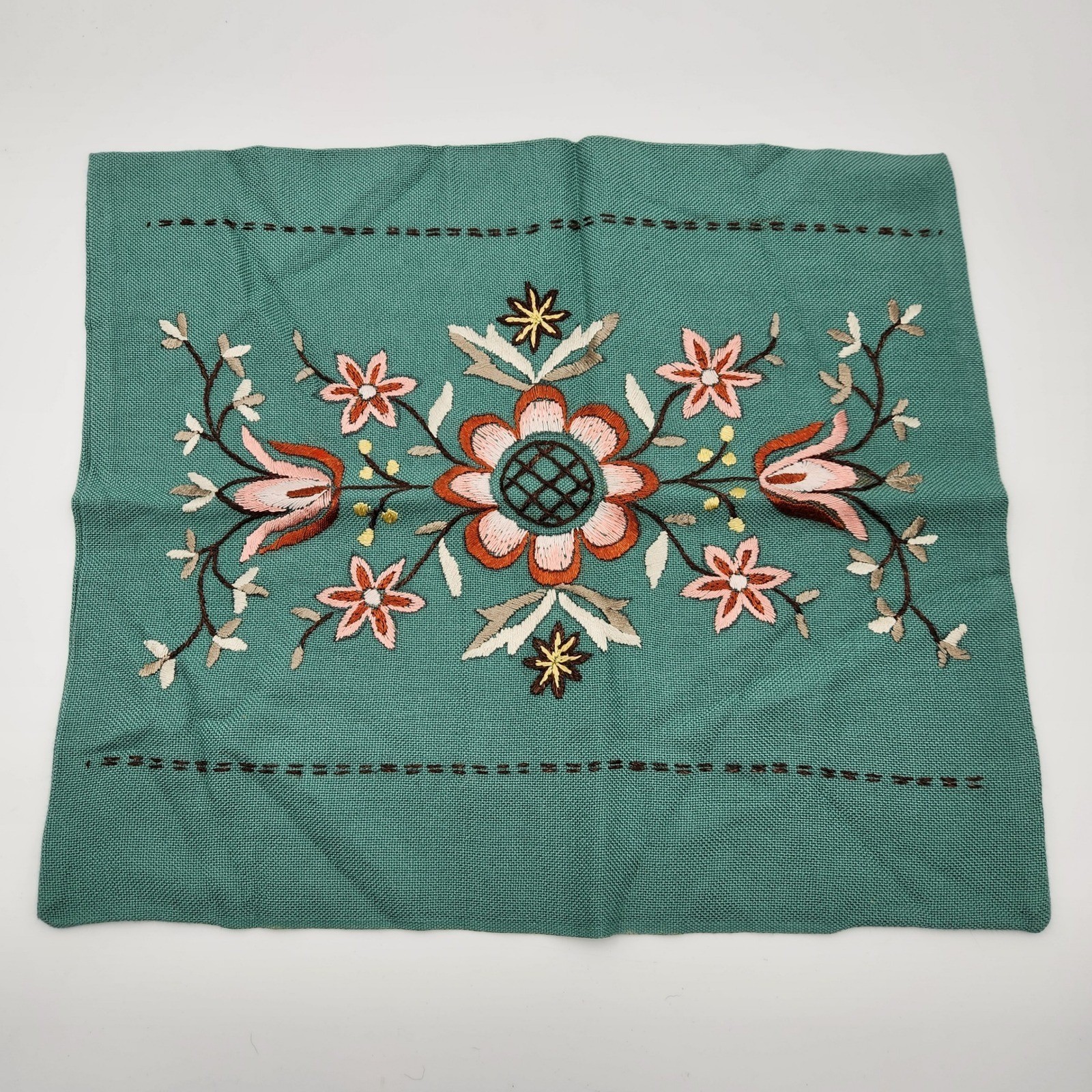 Vintage Floral Embroidered Throw Pillow Cover Teal Green Boho Folk Art Accent gallery