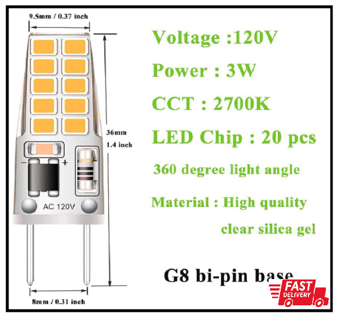 5 Pack G8 LED Bulb Soft White 2700K 120V 3W Equivalent to G8 Halogen Bulb 35W T4 gallery