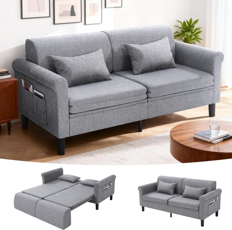 Sofa Bed Sleeper Convertible Pull-Out Bed Couch with Storage Pockets & 2 Pillows gallery