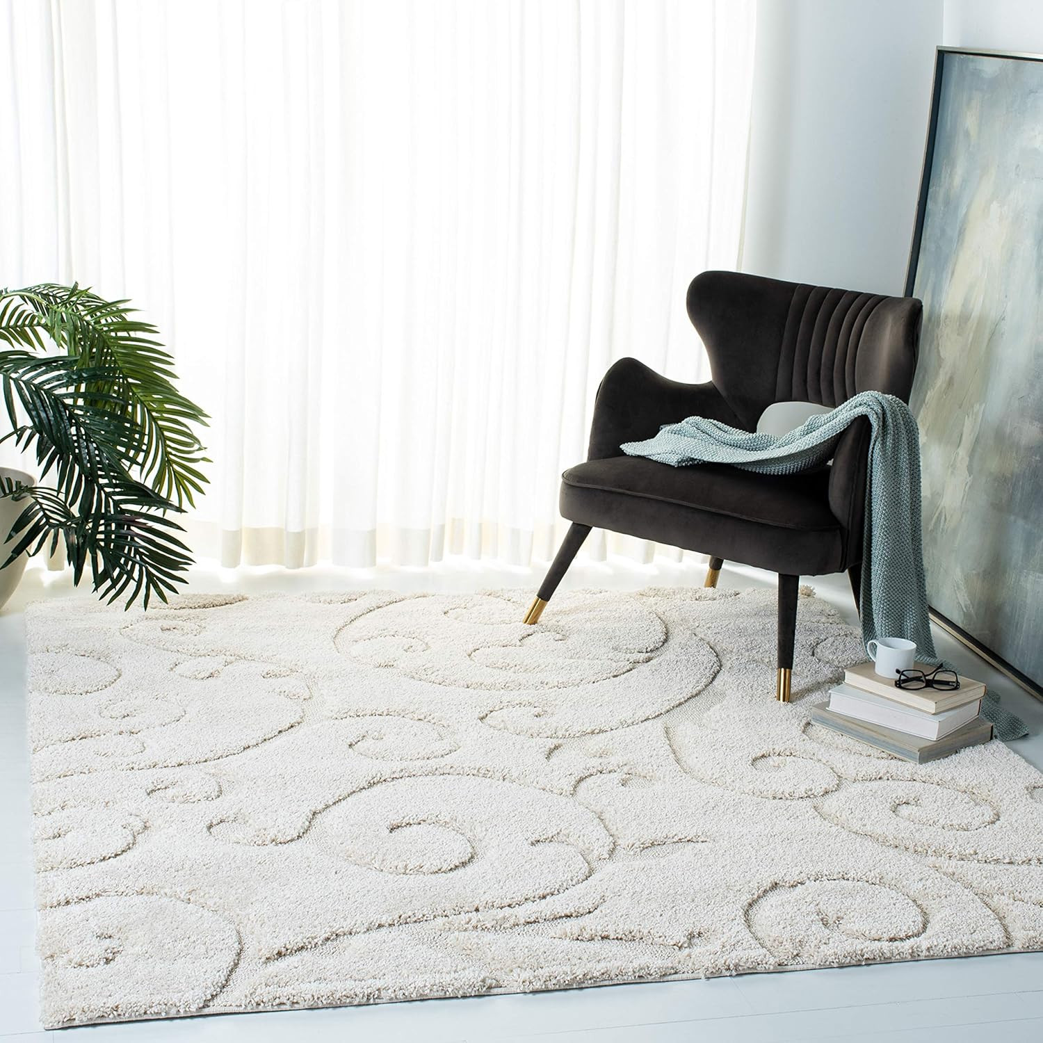 Florida Shag 8' Square Area Rug - Cream Scroll Design, Non-Shedding, Easy Clean gallery