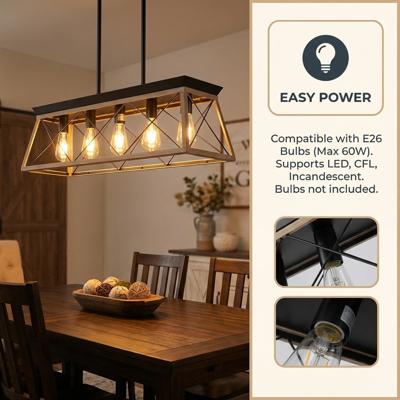 32'' Pendant 5 Light Rustic Farmhouse Chandelier Living Room Metal Oak Fixture gallery