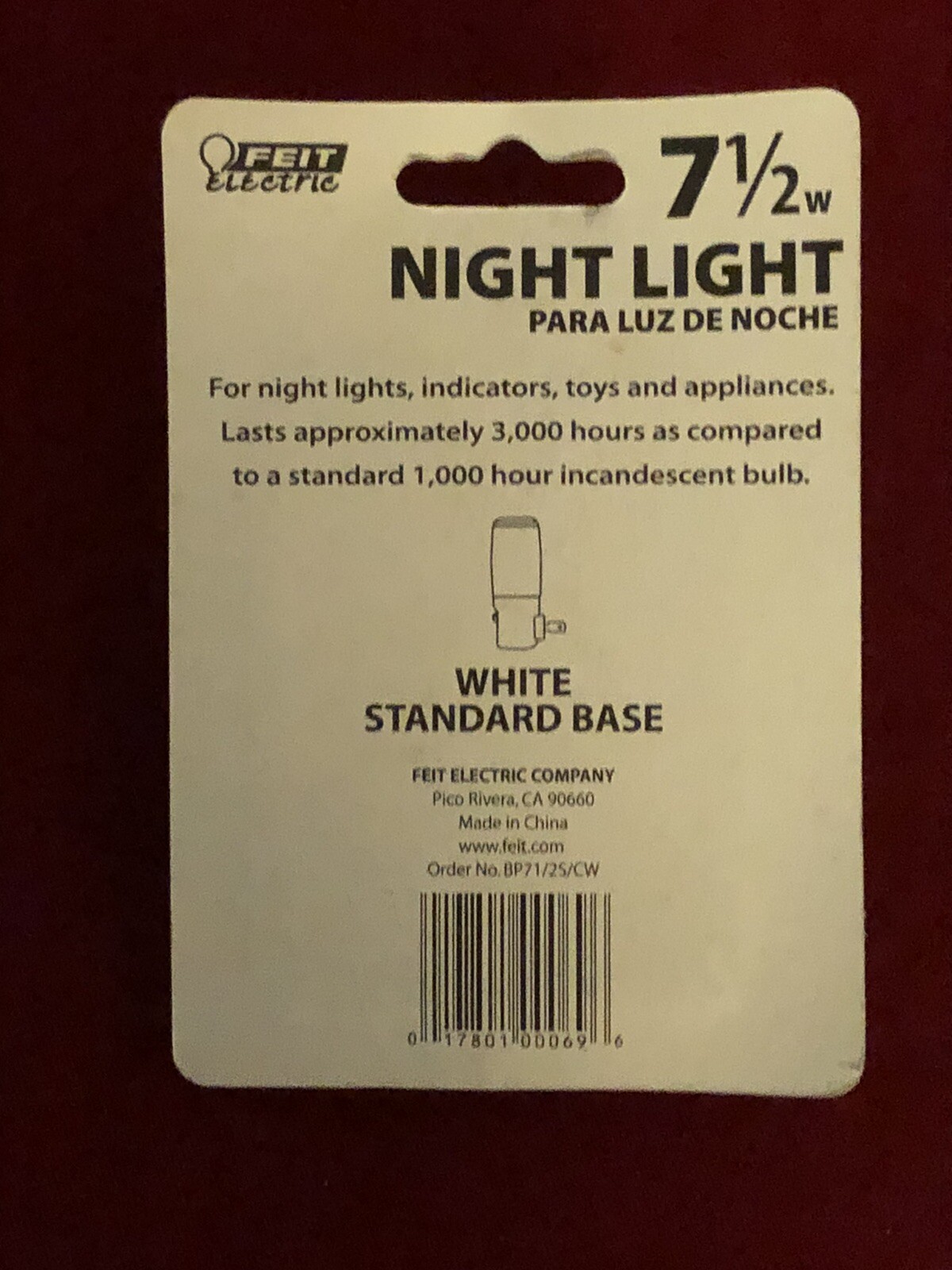 FEIT ELECTRIC NIGHT LIGHT 7.5 W 120 VOLTS WHITE STANDARD BASE BP71/25/CW gallery