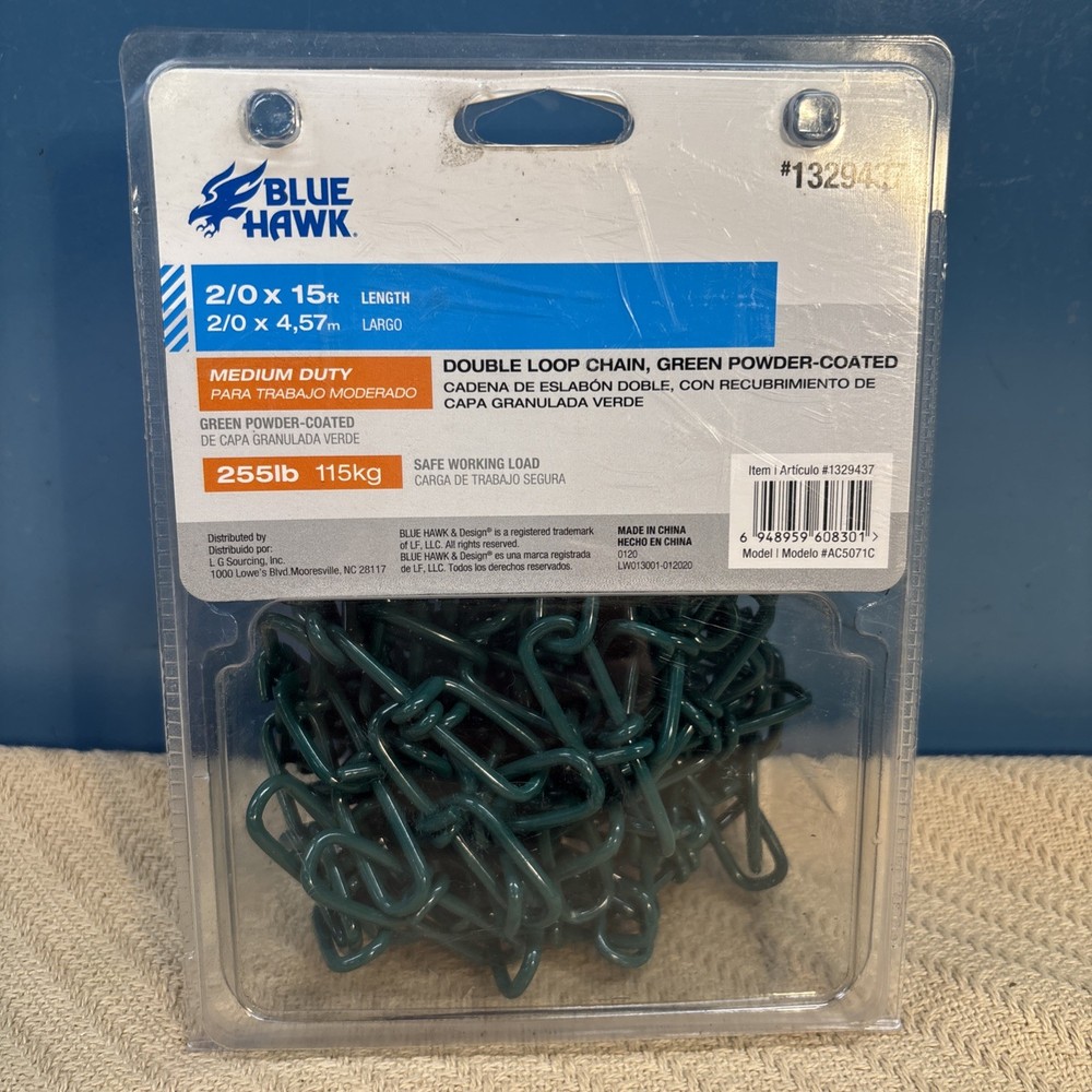 Blue Hawk 2/0 Double Loop Chain, 15 ft., Green Powder Coated, 255 lb. Load