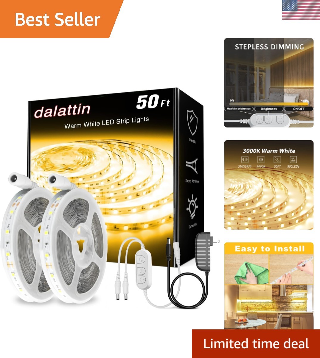 Warm White LED Strip Lights 50Ft, Dimmable 3000K, 900 Leds, 2 Rolls of 25Ft gallery