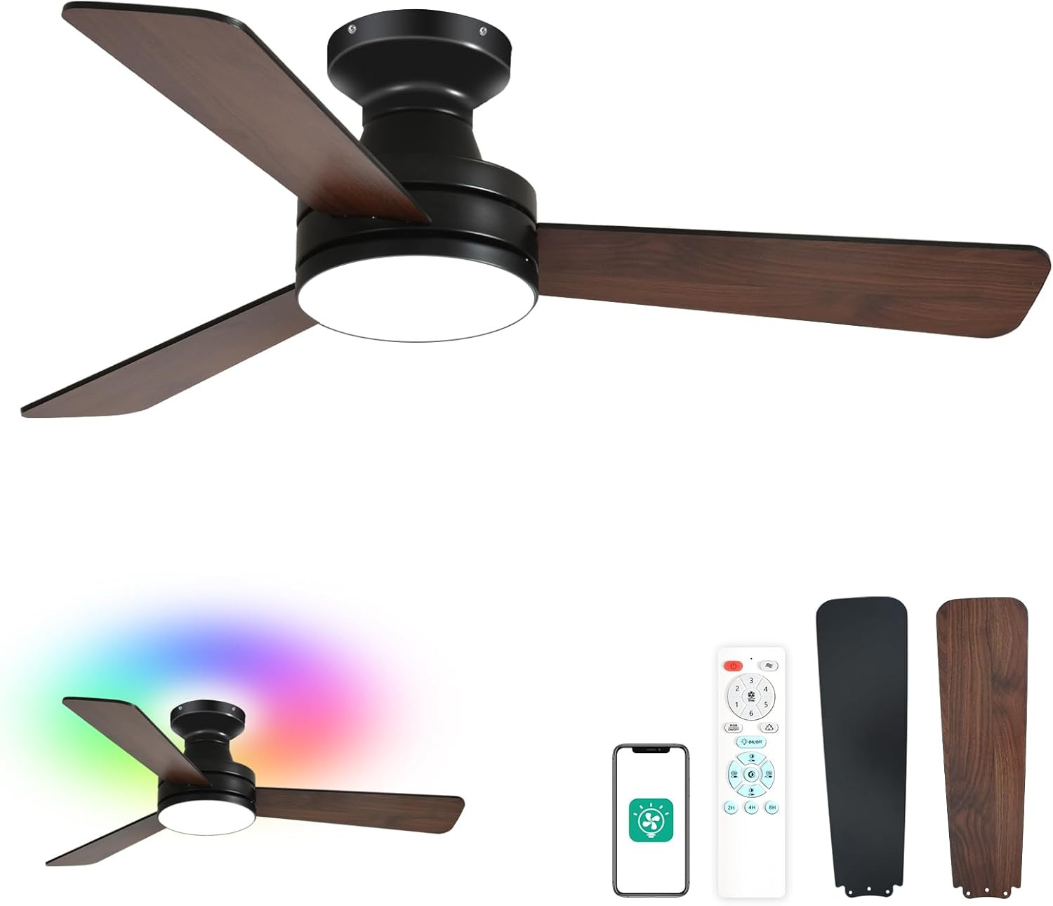42" Low Profile Ceiling Fan with Lights, RGB Backlight, Remote & App Control gallery