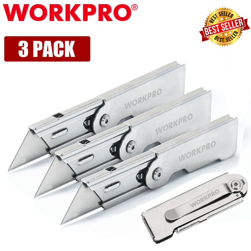 WORKPRO 3PC Compact Folding Utility Knife Lock Back Box Cutter Clip Pocket Knife gallery