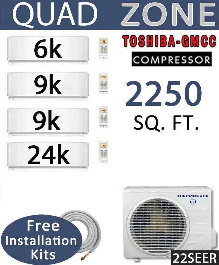 Quad Zone Ductless Mini Split Air Conditioner Hyper Heat Pump: 6k+9k+9k+24k BTU gallery