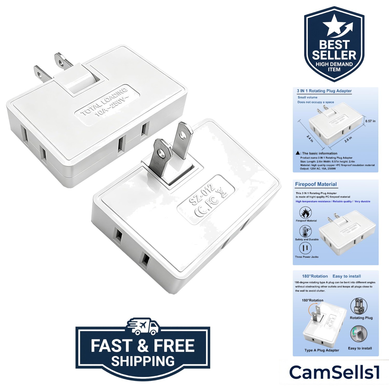 3 Way Flat Wall Outlet Extender,2 Prong180 Degree Portable Swivel Wall Tap Pl... gallery