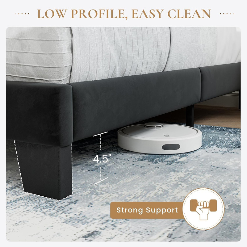 SHA CERLIN King Platform Bed Frame with Velvet Upholstered Headboard, Mattress F gallery