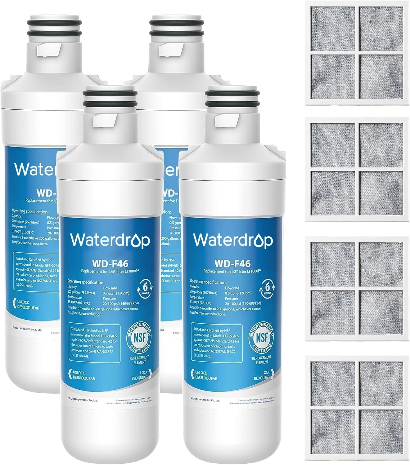 Waterdrop Refrigerator Water Filter Air Filter Replacement for LG® LT1000P®, (4) gallery