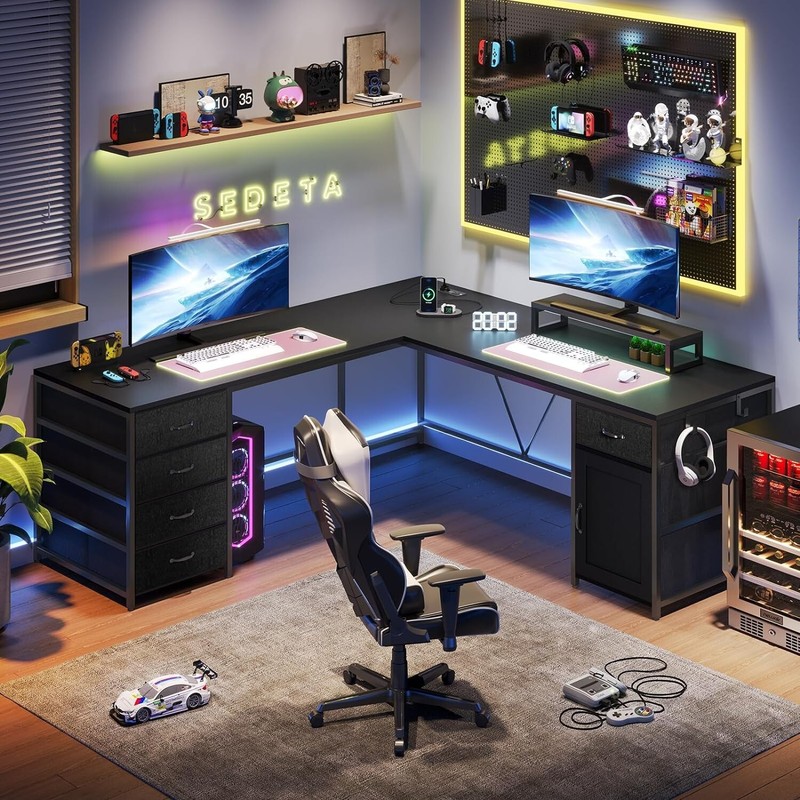 L Shaped Desk, 63" Computer Desk with 5 Drawer and Power Outlet Home Office Desk gallery