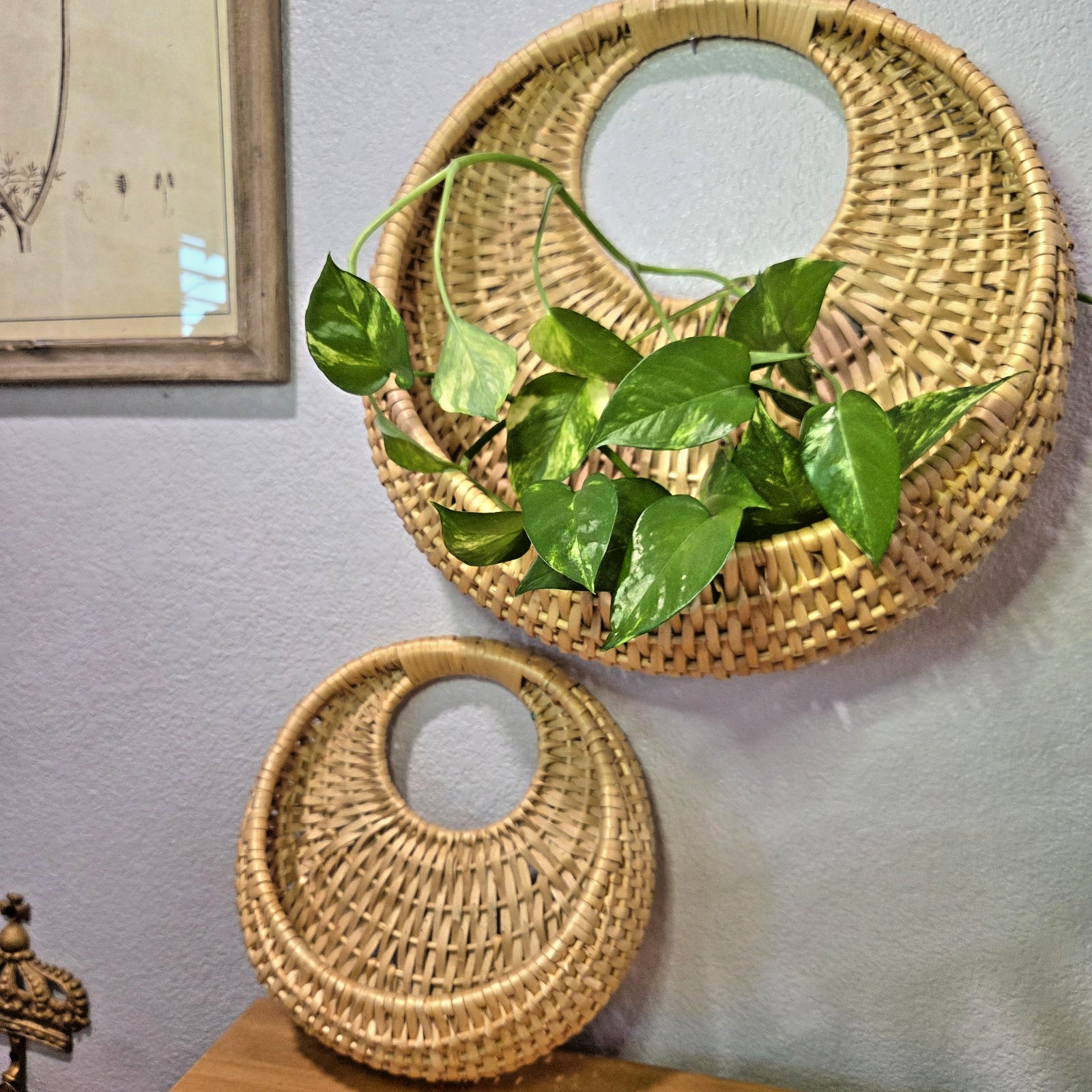 Vintage Wicker Wall Pocket Basket Set Rattan Boho Hanging Planter Decor 2 Pc gallery