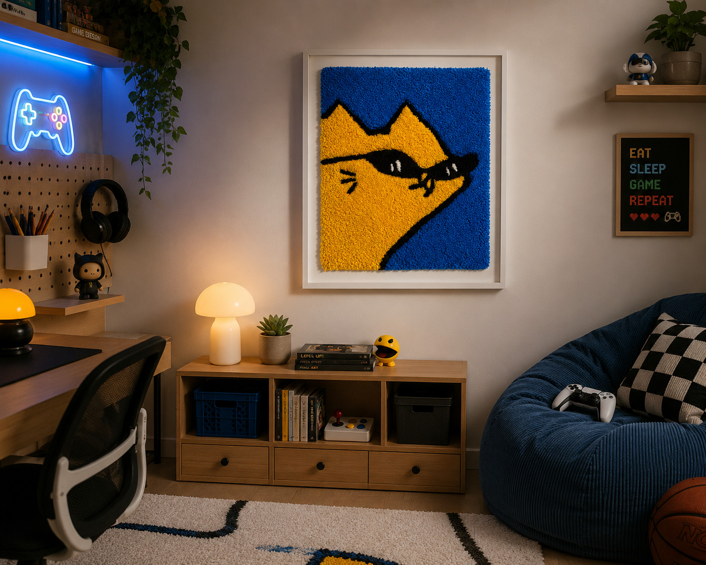 Handmade Yellow Cat Tufted Rug 14x17 Wall Art Cute Modern Accent Rug Decor gallery