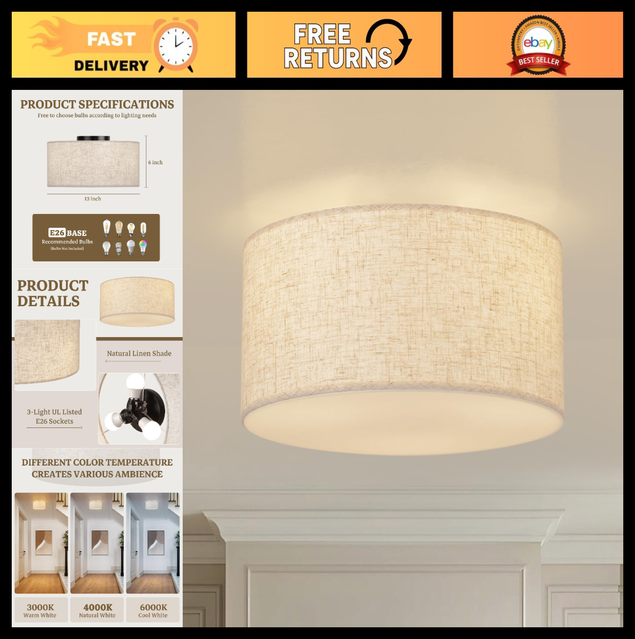 13" Semi Flush Mount Ceiling Light, 3-Light Drum Fixture, Linen Shade, Modern Ho gallery
